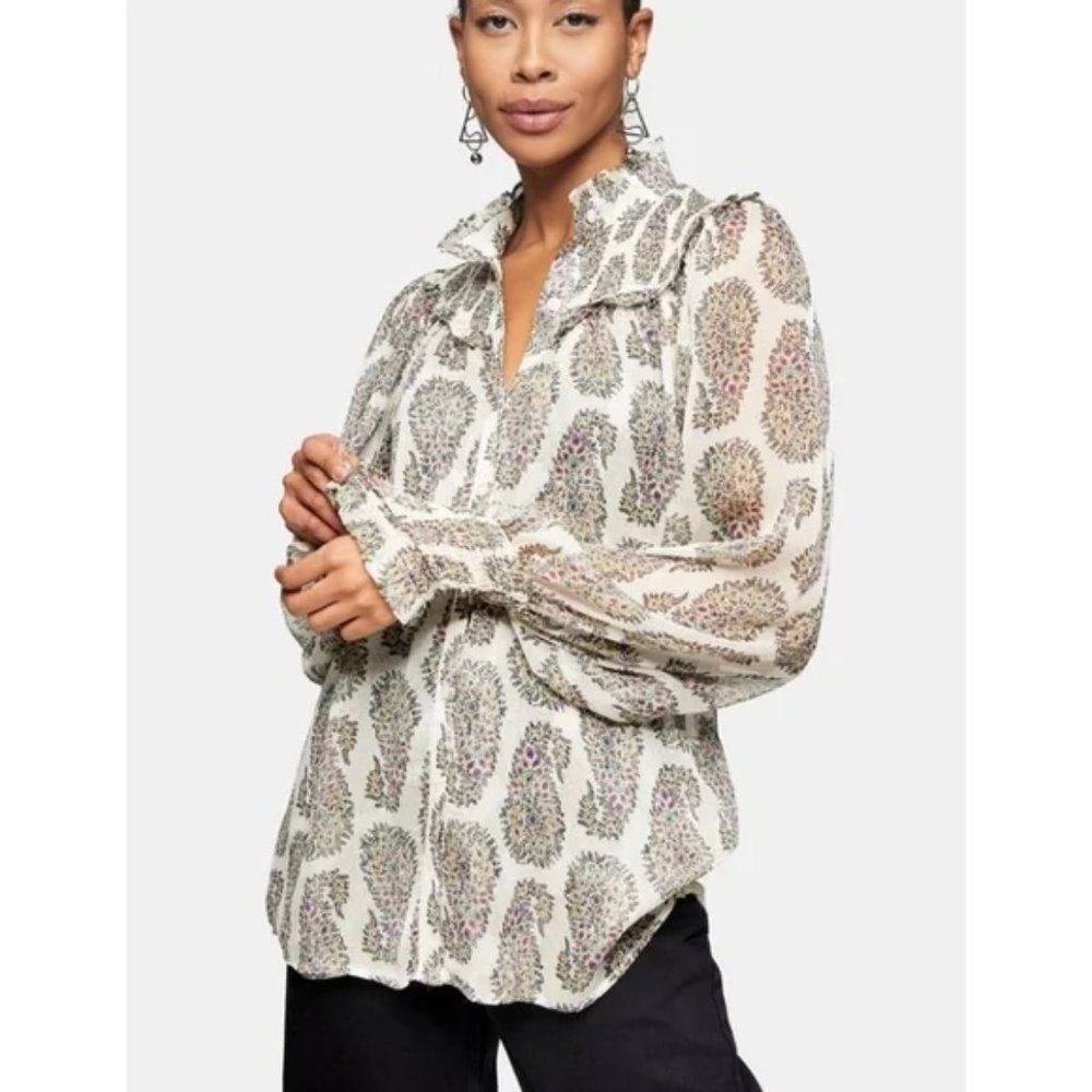 Topshop Womens Paisley Print Chiffon Long Sleeve Sheer Blouse Top SIZE 4